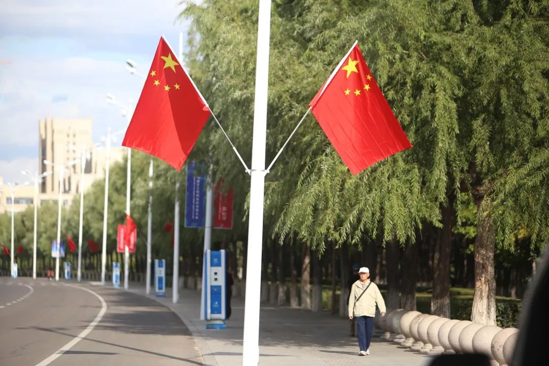 喜迎国庆大街小巷国旗飘街头洋溢中国红