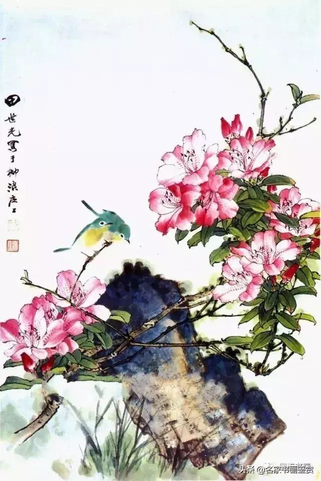 《杜鹃绣眼》画法解析调整,点花蕊.用胭脂点画出花瓣上的斑纹.