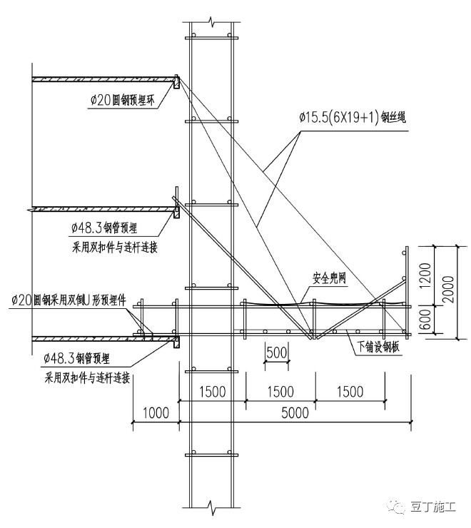 腳手架連接作為斜撐杆,斜撐杆與外架傾斜角度為45°～60°,每兩跨設置