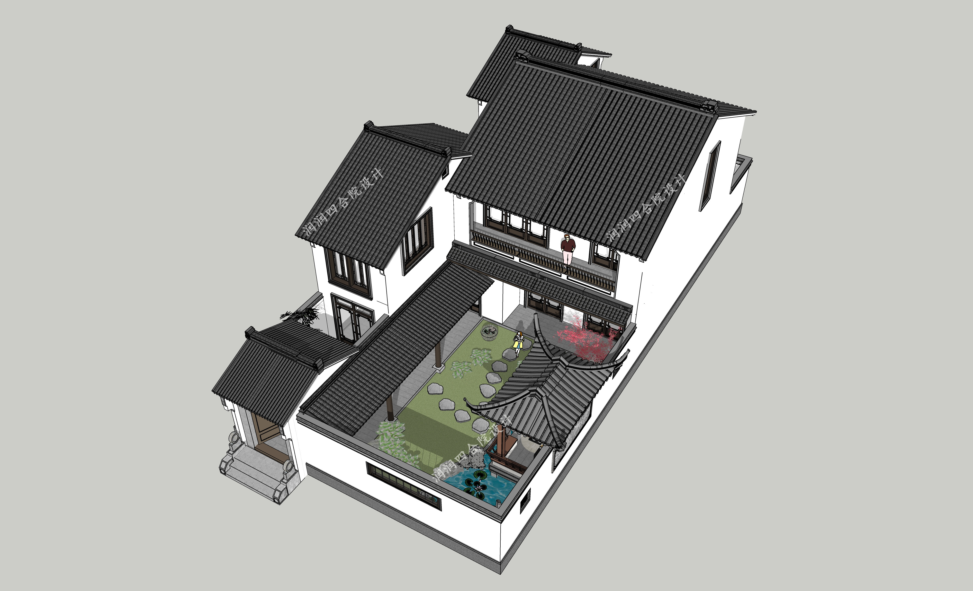 300平米兩層現代中式別墅4個小院閣樓潤潤四合院設計原創案例