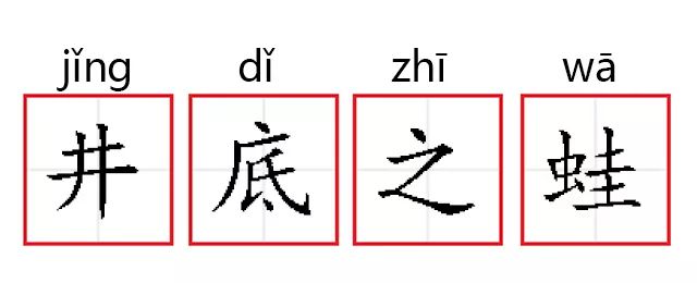 拼音】jǐng dǐ zhī wā【释义】井底的蛙只能看到井口那么大的一块