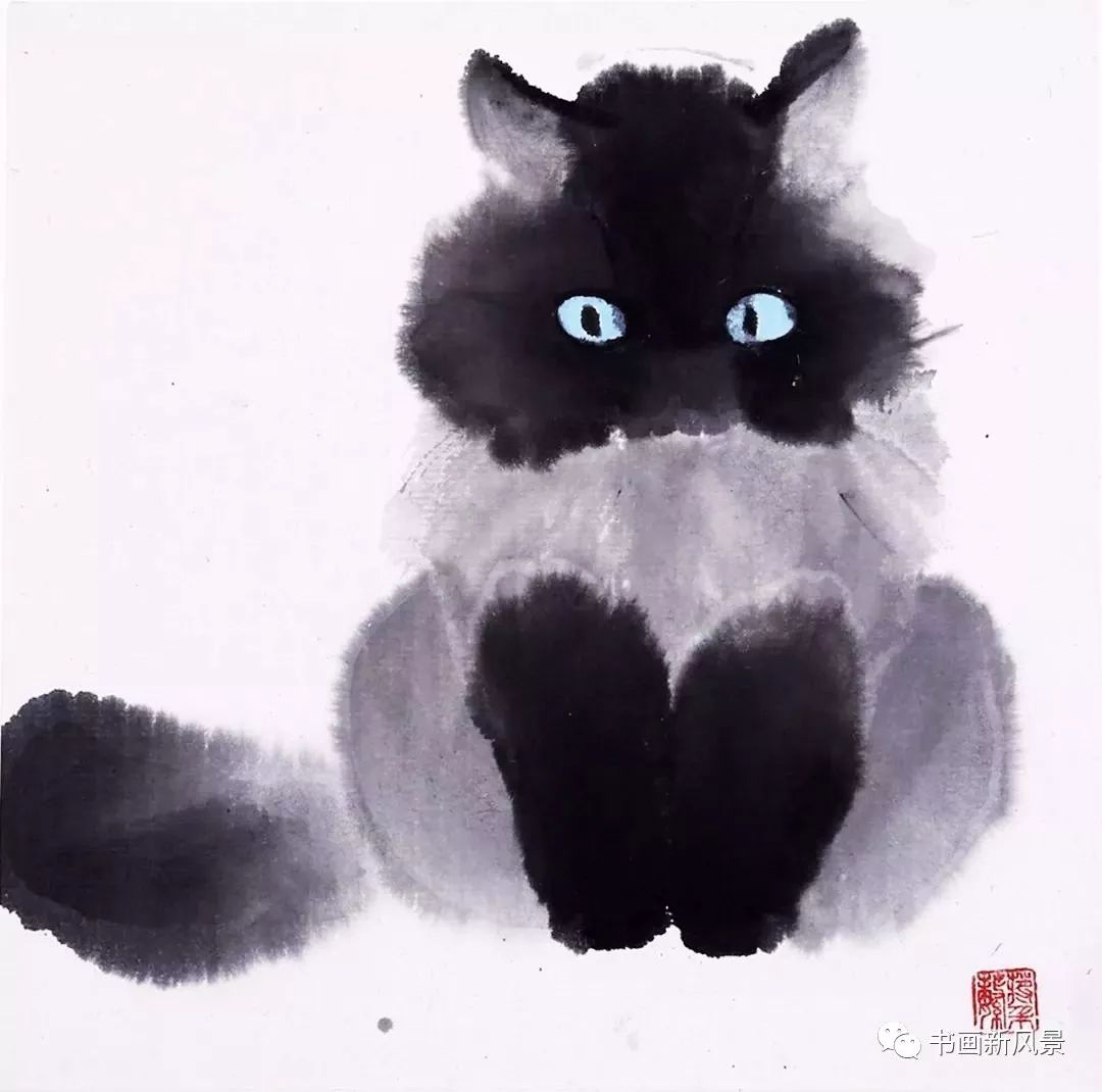 她画的水墨猫咪太有意思了