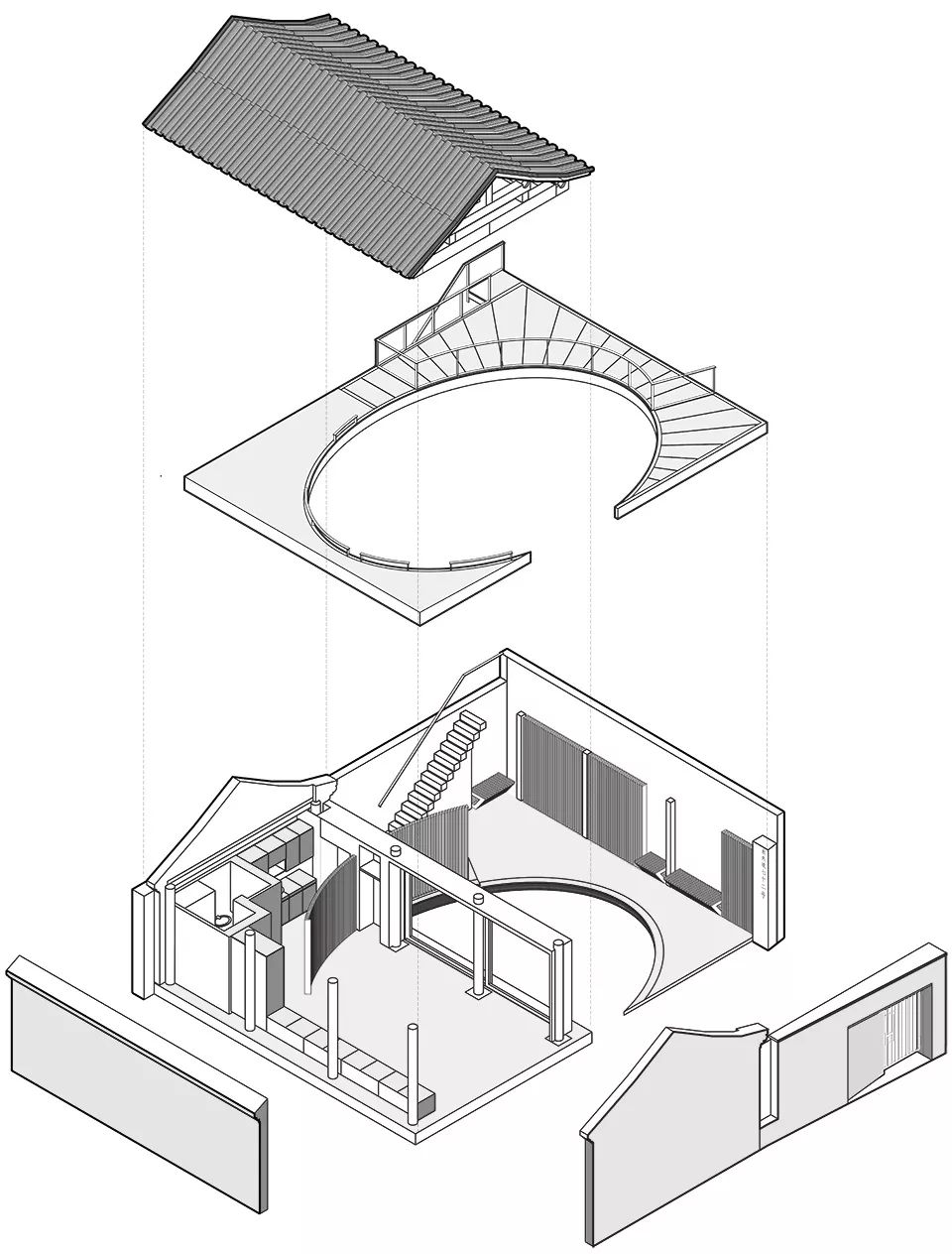 ▼轴测图为了最大限度延长登堂入室的礼仪性,环形的玻璃廊把来人从