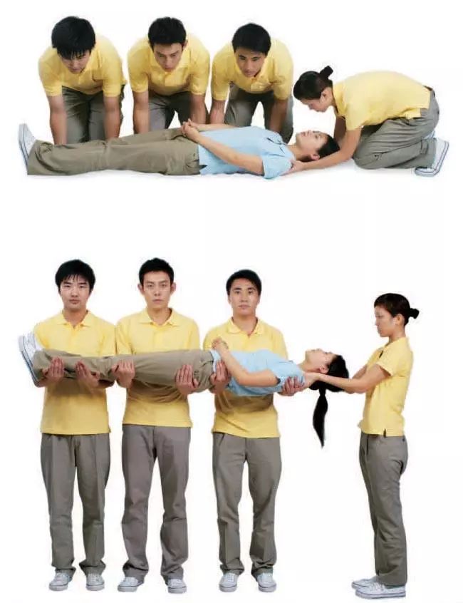 伤员应固定在硬木板担架上搬运,不可用帆布担架,床单,棉被等抬运伤员.