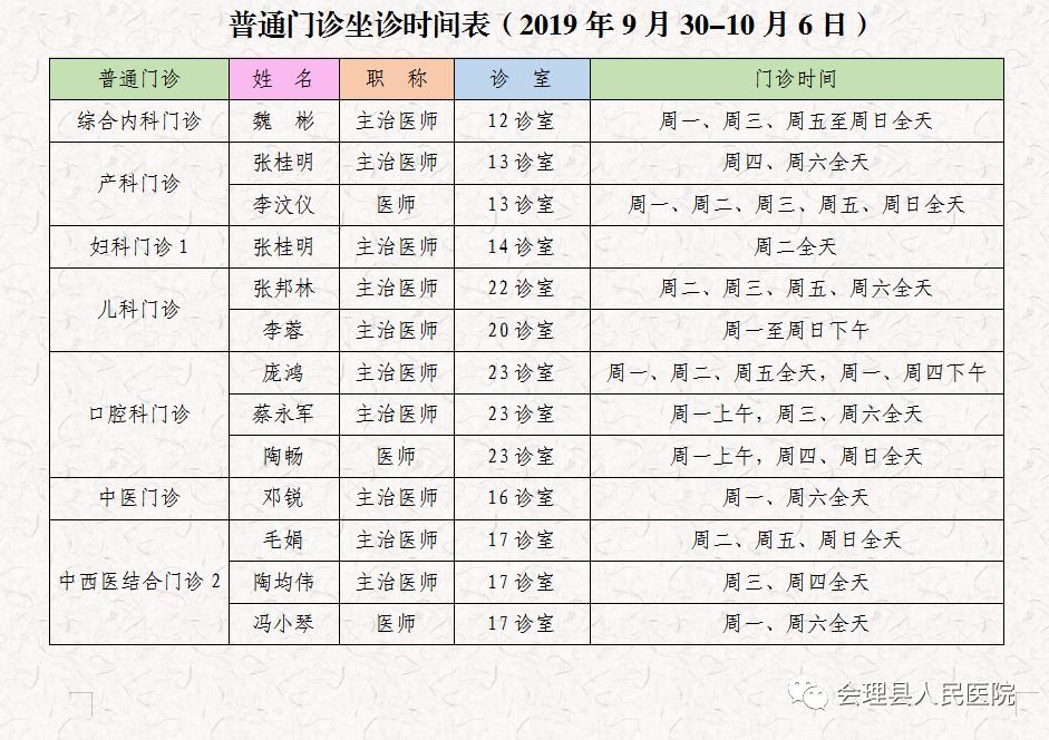 會理縣人民醫院門診醫生坐診時間表(2019年9月30日-10月6日)