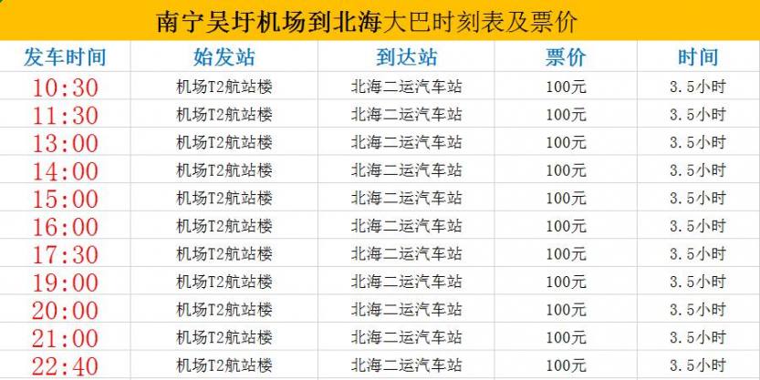 南宁吴圩机场直达北海的大巴时刻表及票价(2019年9月最新版)