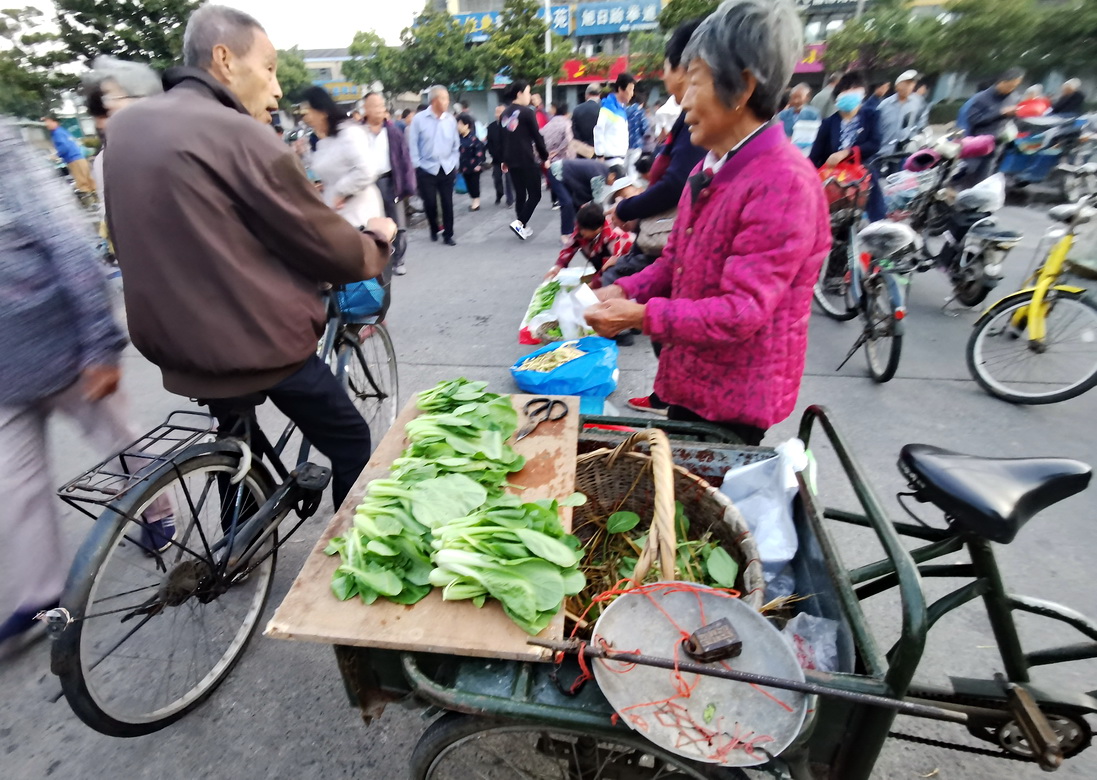 早市遇七十五岁奶奶卖菜,一杆秤用25年成古董,种3分菜田天天卖