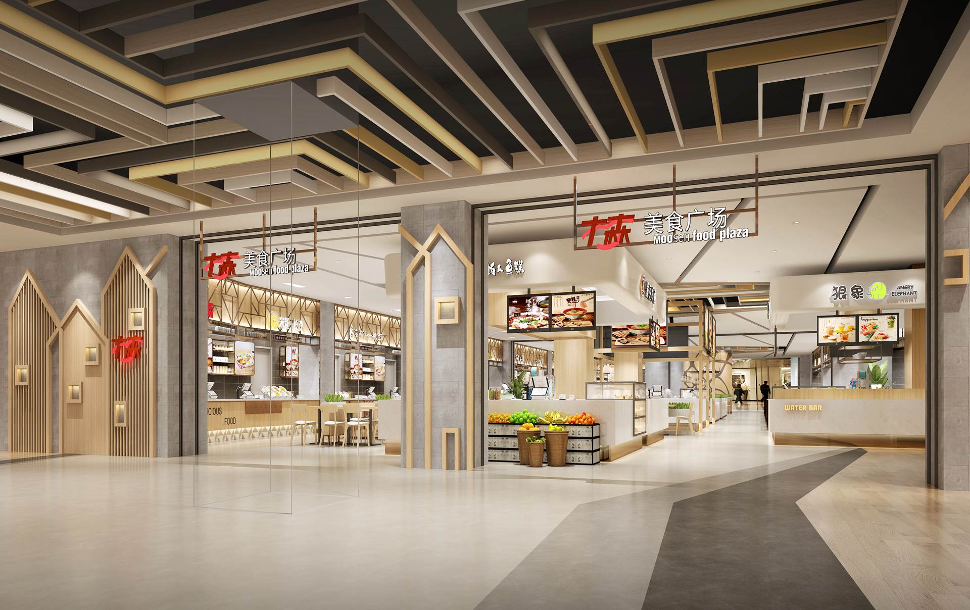 美食广场设计门头效果图在入口区域,金枫设计选用了灰黑两色拼接成的"