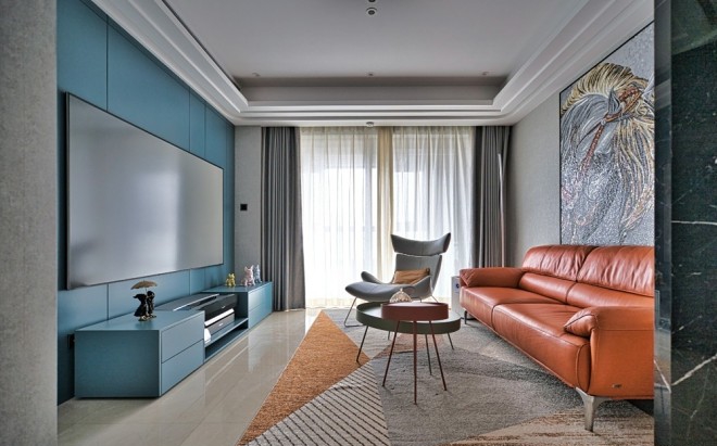 烟台天旭诚装饰118平灰色与橙色搭配的现代简约