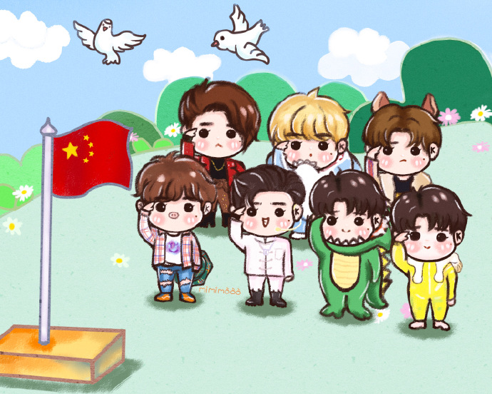 ikun手绘为祖国庆生 7只小葵齐聚国旗下庄严敬礼!