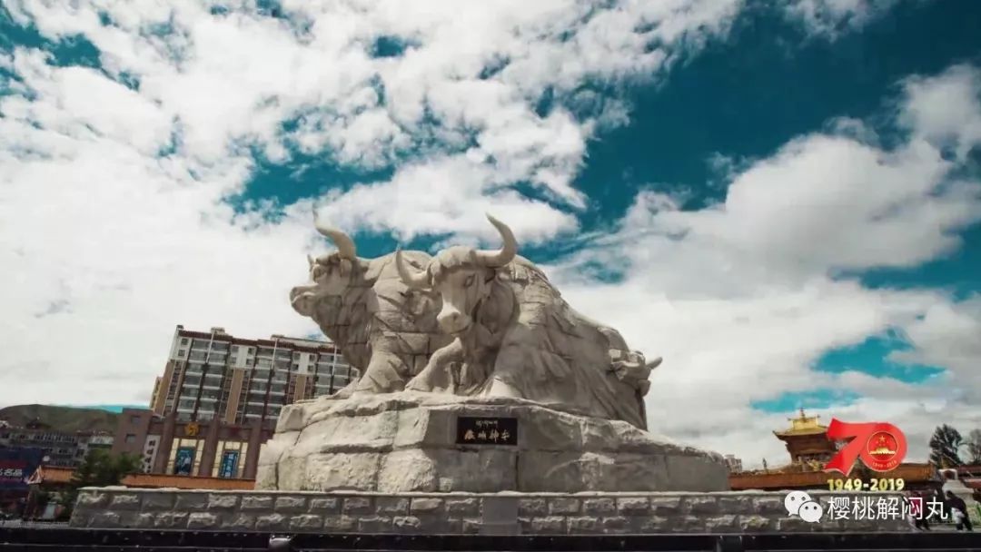 图为天祝藏族自治县牦牛广场牦牛雕塑下有藏地神牛四个字旁边坐落着