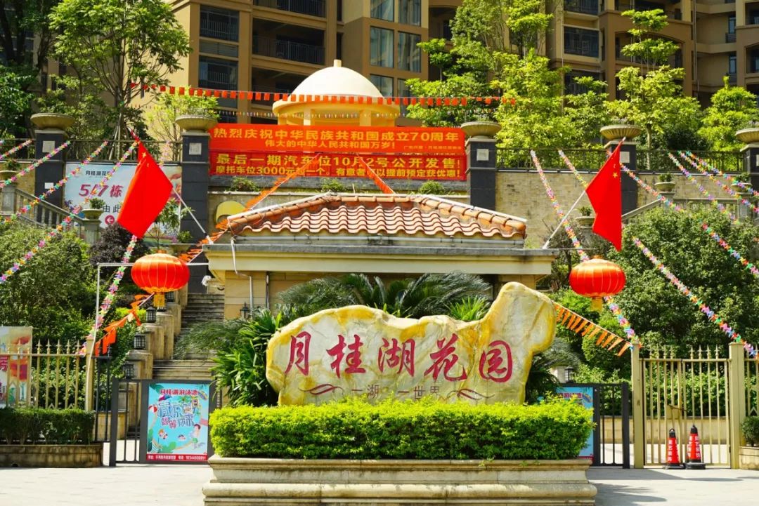 路边挂满红旗月桂湖6十分的醒目喷泉四周也是插满了红旗小红旗随着