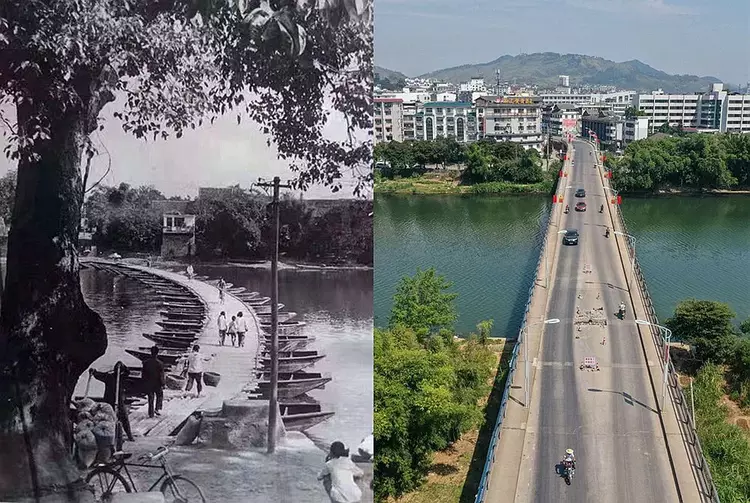 這是一張拼版照片,左圖是1980年恭城河上的浮橋及周邊景觀(資料照片