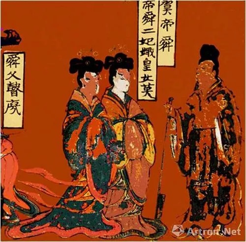 画面右边绘有三人:"帝舜二妃娥皇女英"与"虞帝舜"(舜与舜的两位妃子