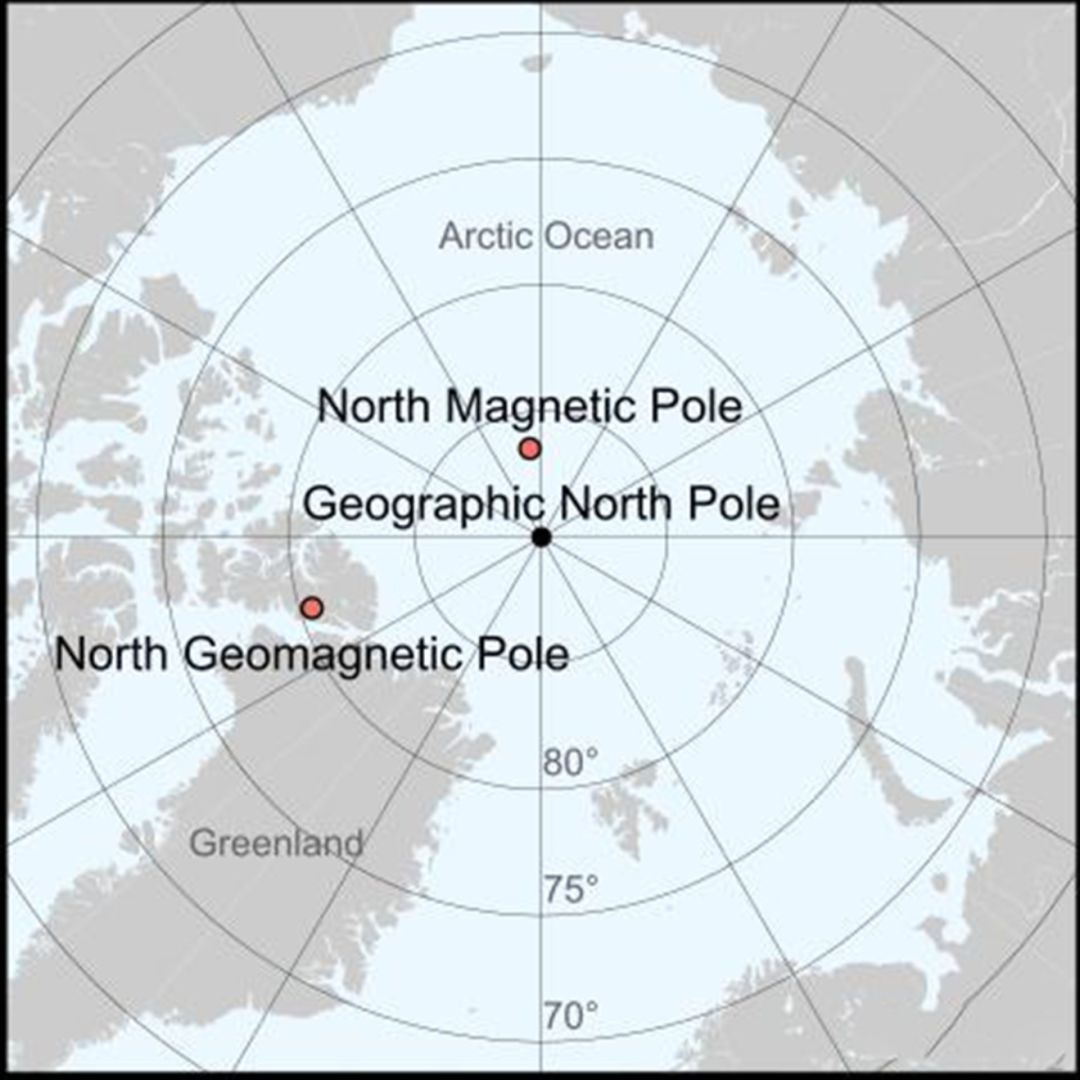 地磁北极(north magnetic pole)是地球表面地球磁场方向垂直向下的点
