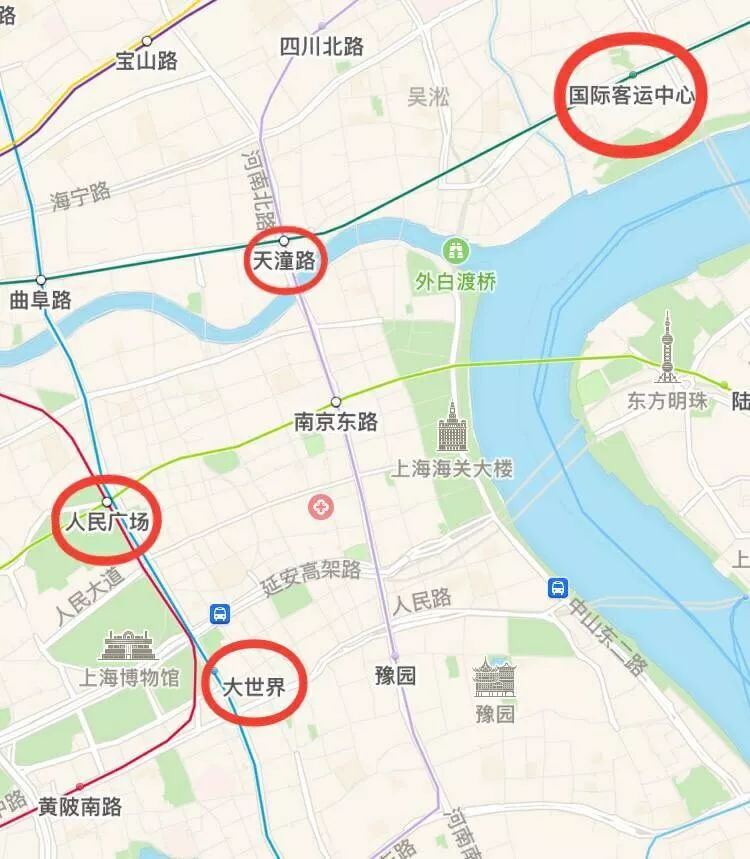 外灘等景點距離較近的12號線國際客運中心,10/12號線天潼路站,8號線