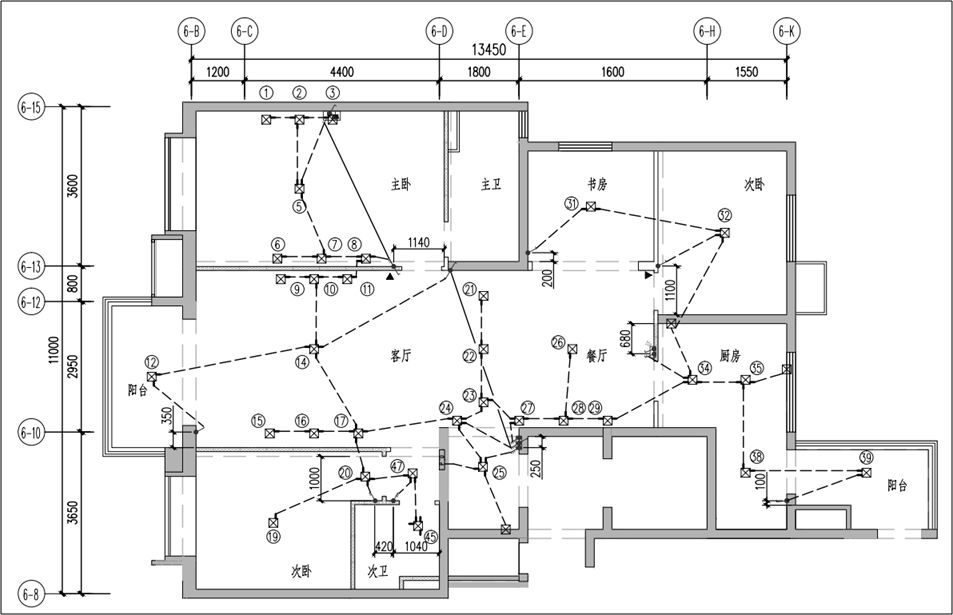 消防烟感线路走天花板预埋· 照明线路走天花板预埋· 结合装饰图
