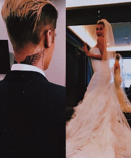 比伯晒与海莉黑西服正装婚纱照 捧脸拥吻好甜蜜