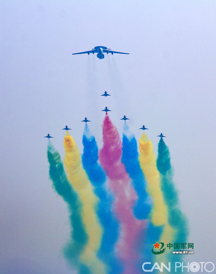 閱兵式後進行的分列式上,空中梯隊接受檢閱,機群飛過,彩煙絢麗,餘味