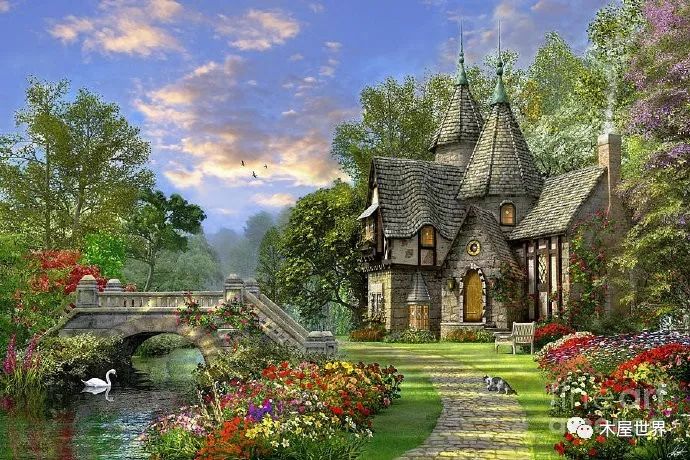 英国乡村梦幻别墅场景绘画