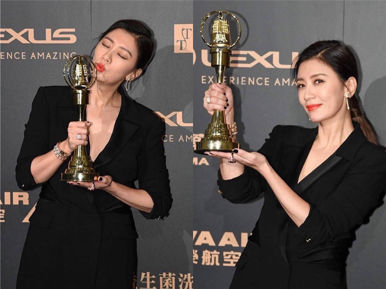 贾静雯自嘲过气女艺人穿深v西装登台领奖气质依旧