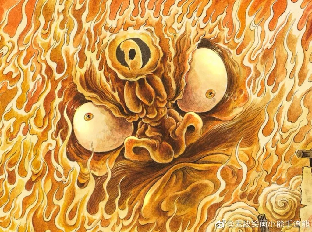 画面看似凌乱却整体划一,后面一簇斜眼火团气势逼人,颇有浮世绘风格的