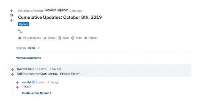 微软至今仍不承认累积更新是让Win10开始菜单罢工的魁首