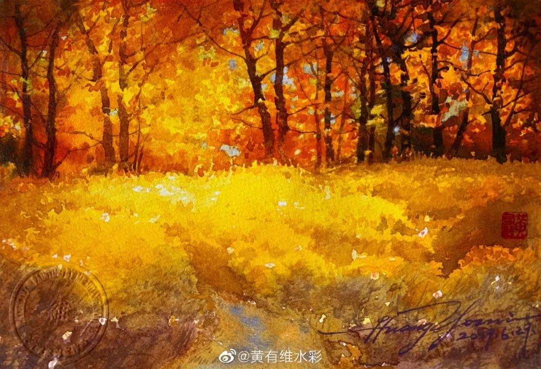 运用大面积的暖色画一幅秋天的树丛