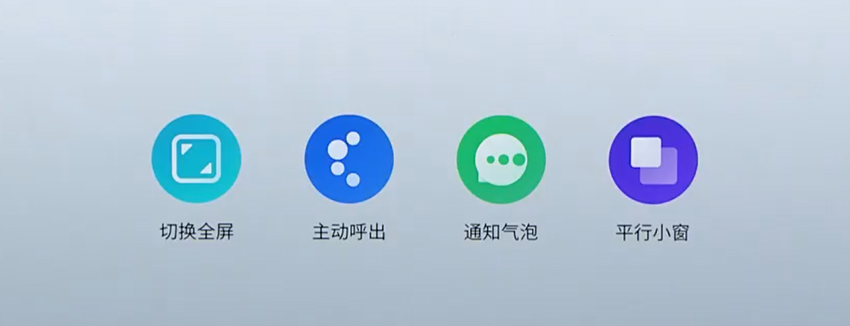 四,平行小窗三,通知气泡,二,主动呼出,一,切换全屏,2.