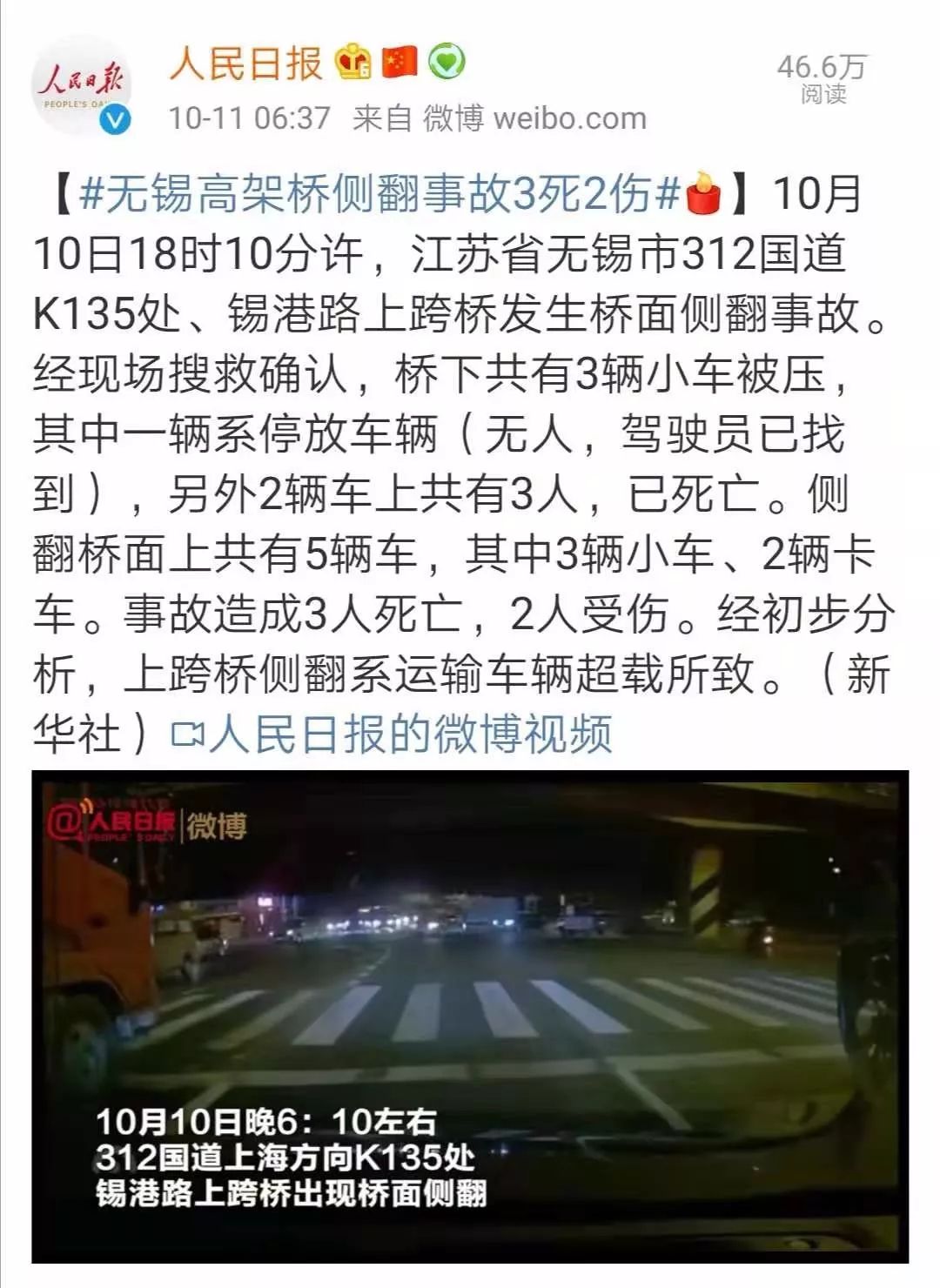 10月10日18时10分许,江苏省无锡市312国道k135处,锡港路上跨桥发生