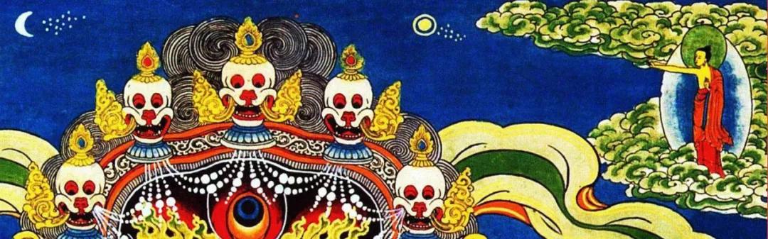 图右上方佛手指日月开示灭苦及脱出轮回苦海的方法.