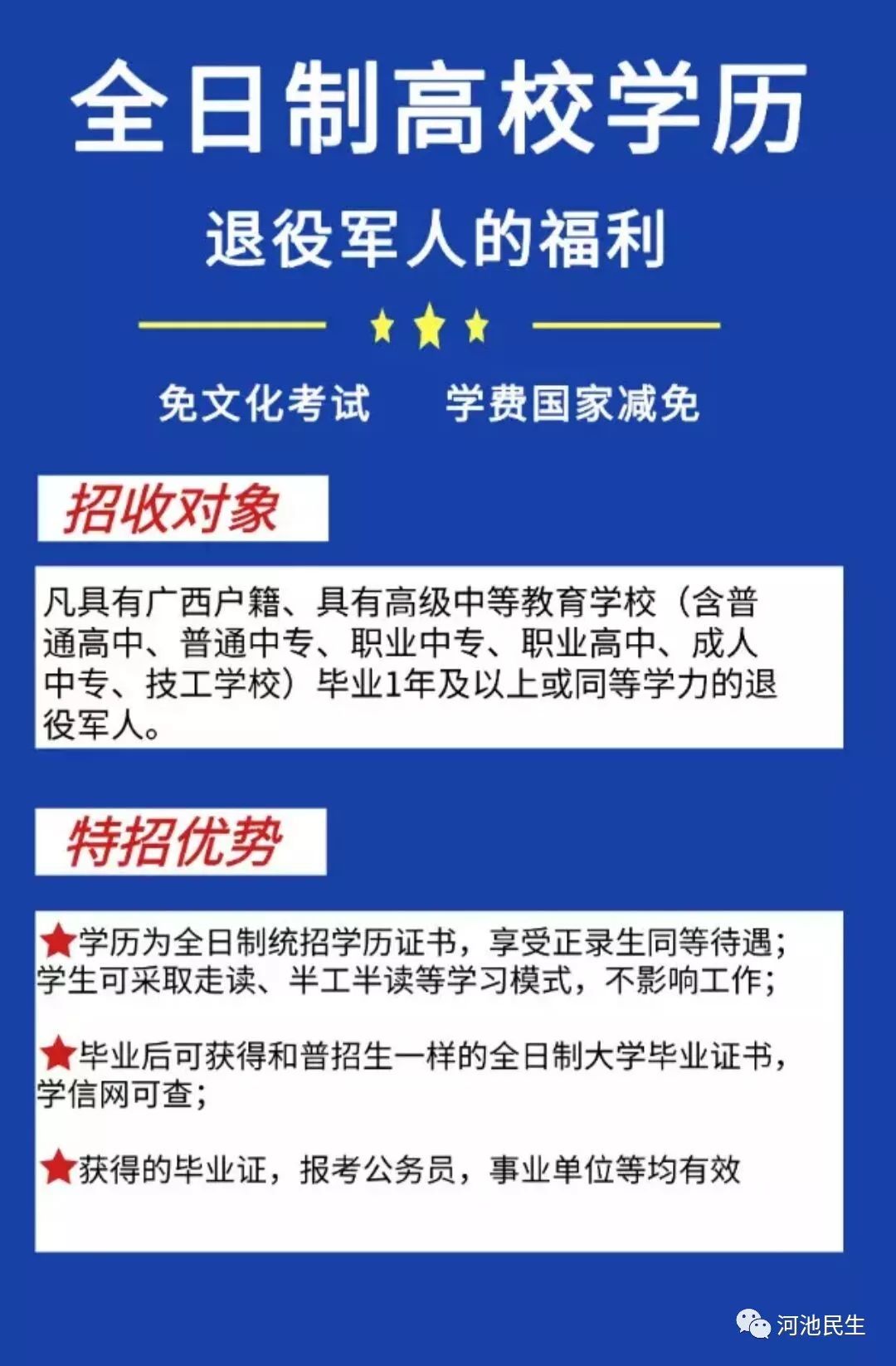 享受財政補貼,免予文化素質考試,減免學費!