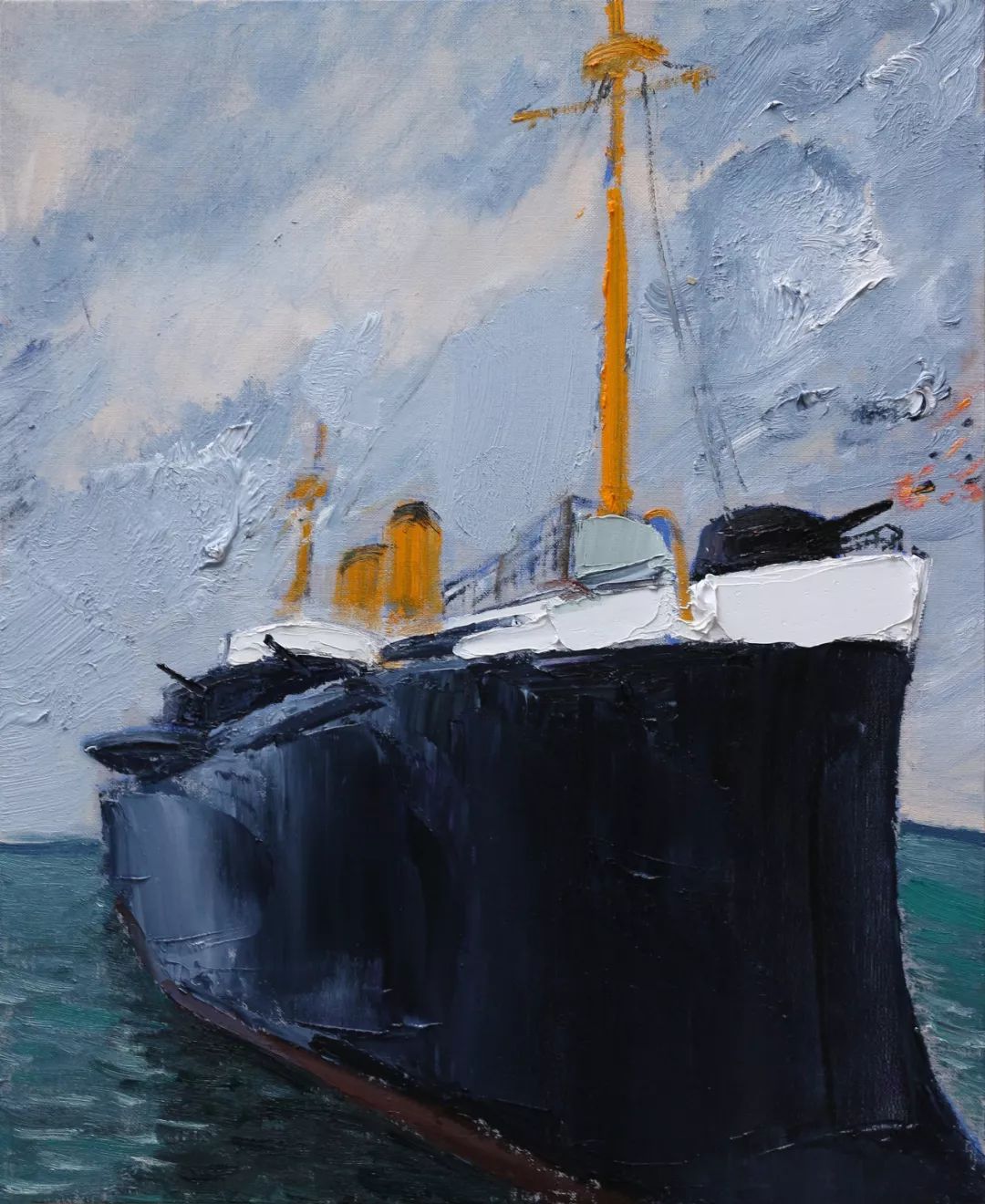 战洪宽《定远舰》61×50cm【战洪宽铅笔简彩威海写生】《日出半月湾》