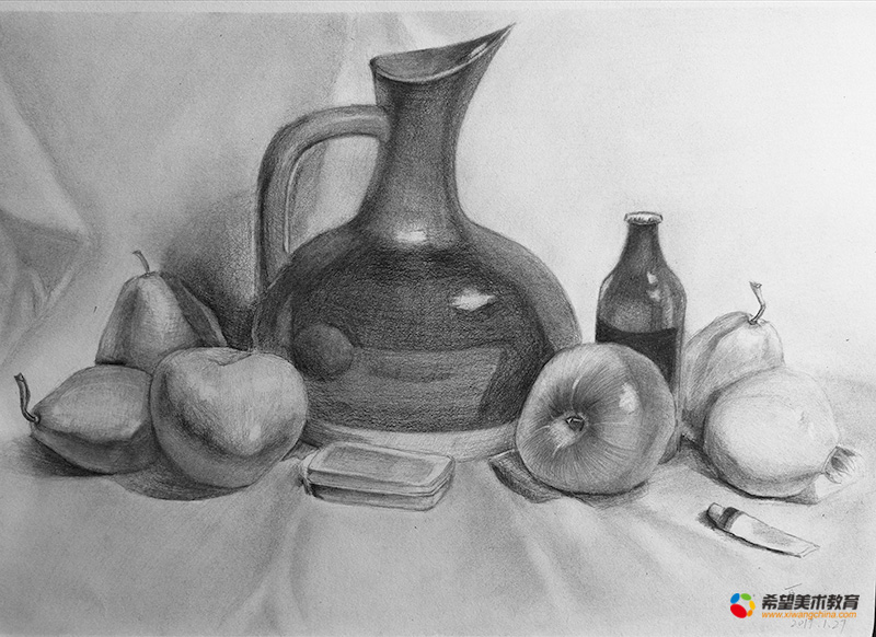 原创15岁少年的黑白表现力-希望美术少儿素描静物作品欣赏