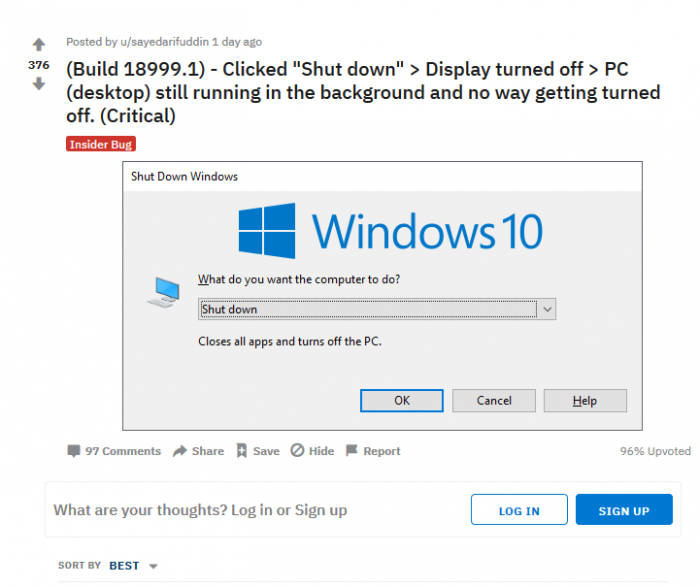 微软承认Win10 Build 18999.1存在关机卡死问题