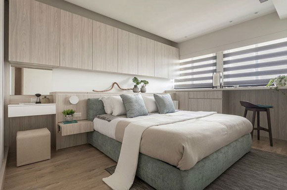 简约时尚的现代风格装修,卧室床头装吊柜,全屋装修实用又耐看!