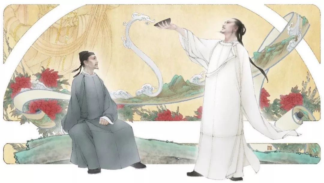 画面中李白与杜甫在洛阳相遇饮酒对诗,畅谈博闻的姿势与场景,流露出"