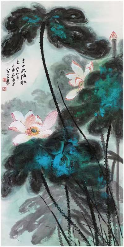 此次上拍的张大千画作就有四件,包括《泼彩荷花图》
