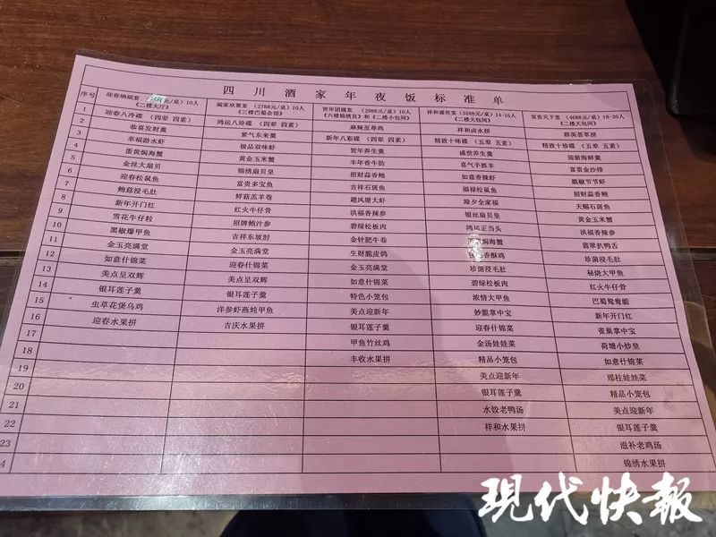在太平南路的四川酒家,10 人规格的年夜饭最低为 2388 元一桌,位置在