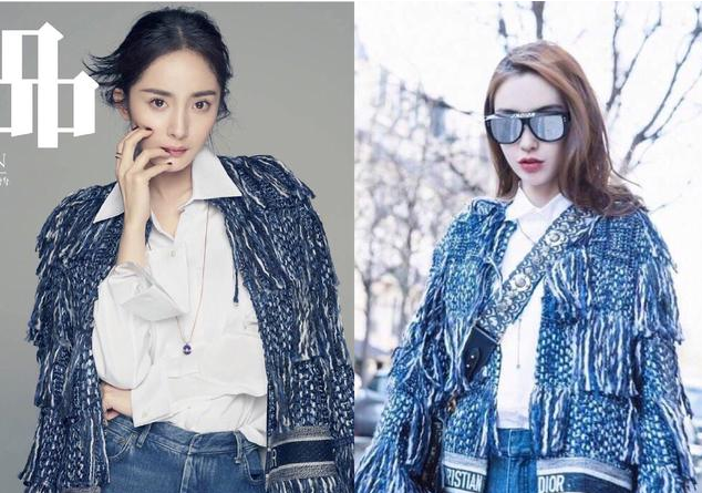 168杨颖与167杨幂撞衫,穿同框蓝绿拼接外套,谁驾驭得好?