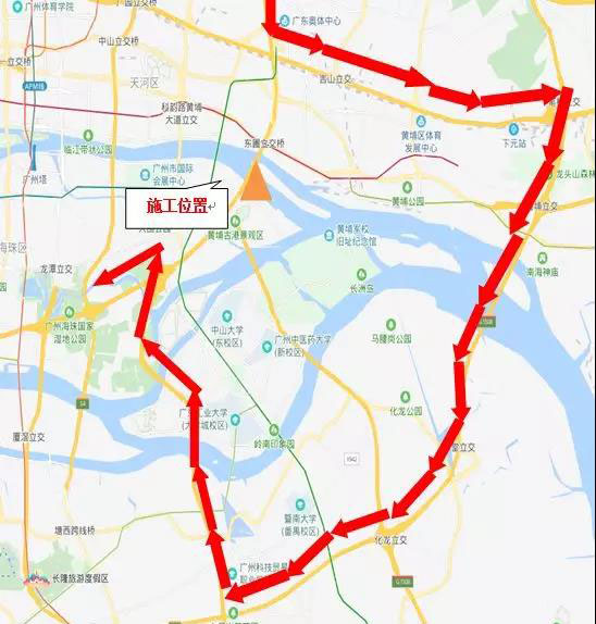 奧體立交-廣園快速東行-黃埔大橋-廣明高速-南沙港快速-侖頭立交(貨車