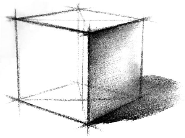 步骤三:确定正方体的三大面的明暗关系,快速地铺出正方体的暗面及投影