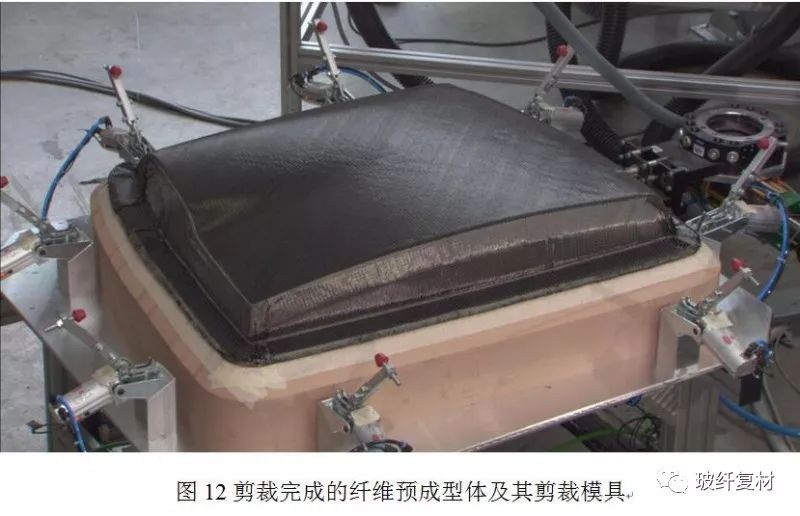 将经过预热预压定型的碳纤维增强体转入预成型体剪裁模具,并用裁剪样