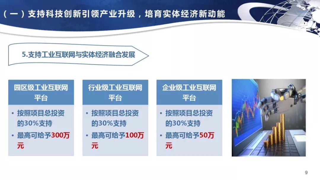 40条具体政策,政策具体内容为:一是支持科技创新引领产业升级,培育