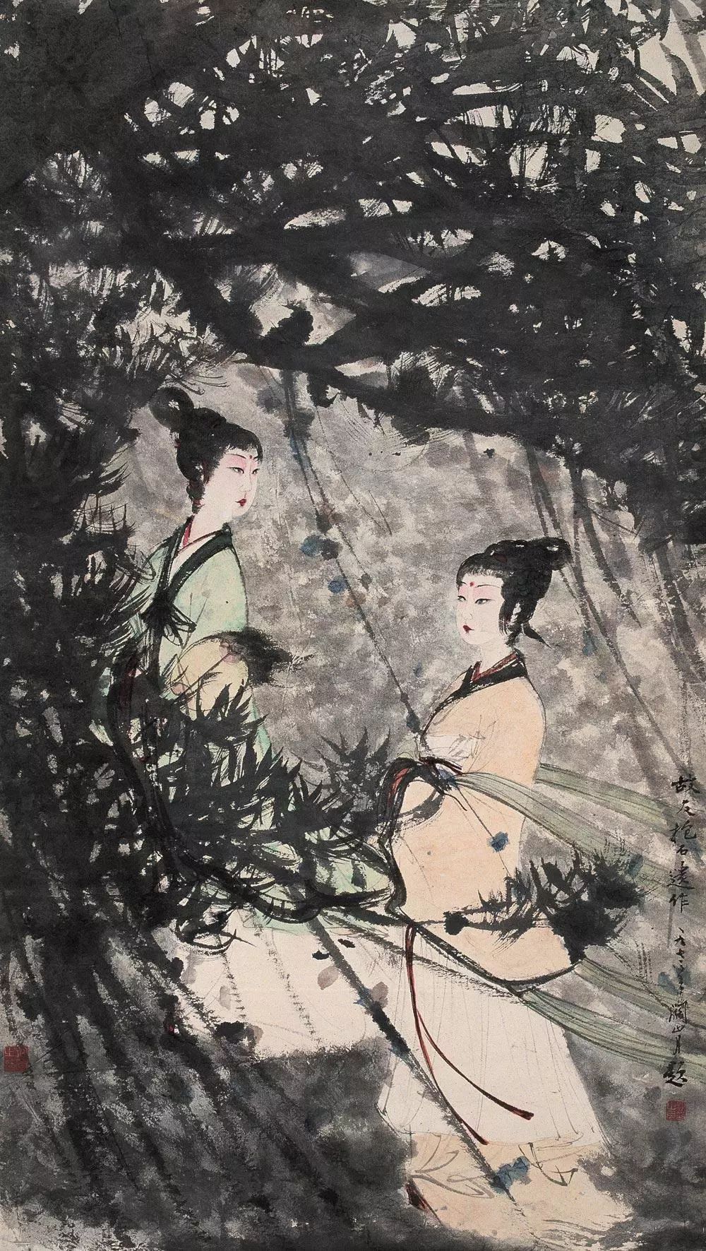 傅抱石笔下的人物最具特色的是均长有一双"勾魂眼",即单皮眼,眼角修长