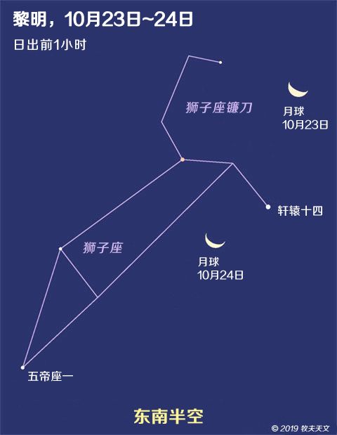 星期三的早晨亏月迎着轩辕十四(狮子座α)打招呼,而到了星期四的早晨