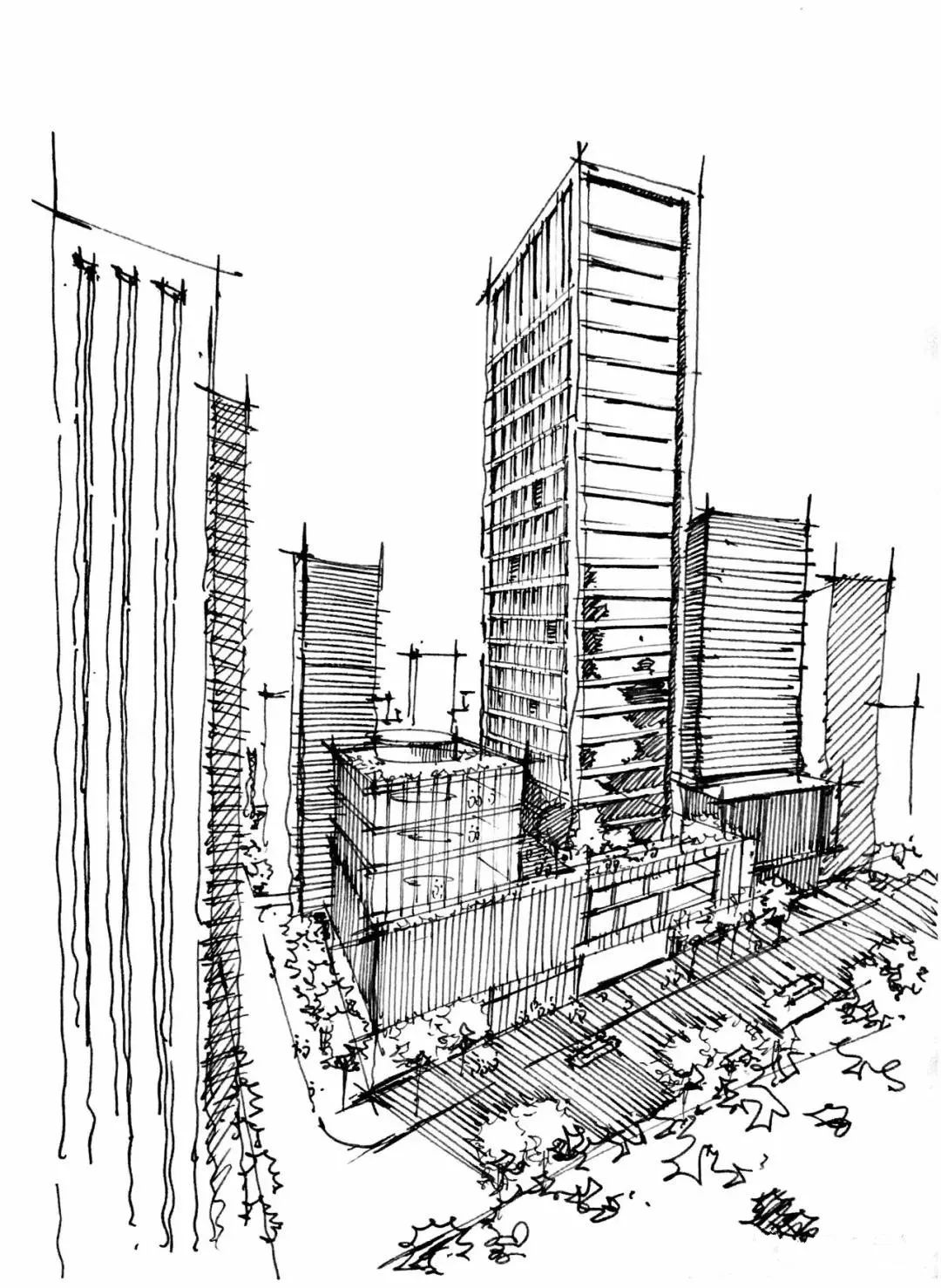 手绘分享高端写字楼手绘线稿