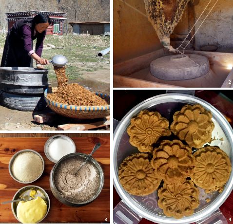 洗青稞;图2:传统水磨磨制糌粑;图3:餐桌上的酥油糌粑;图4:糌粑块制作