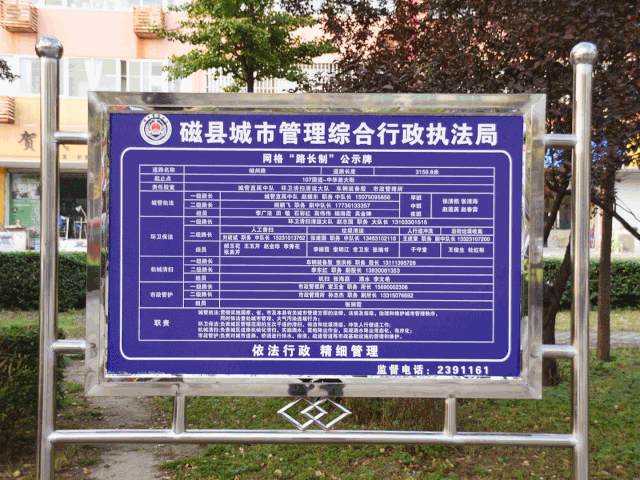 路长制公示牌,正面公示"路长" 相关内容,背面设置环境卫生公益广告