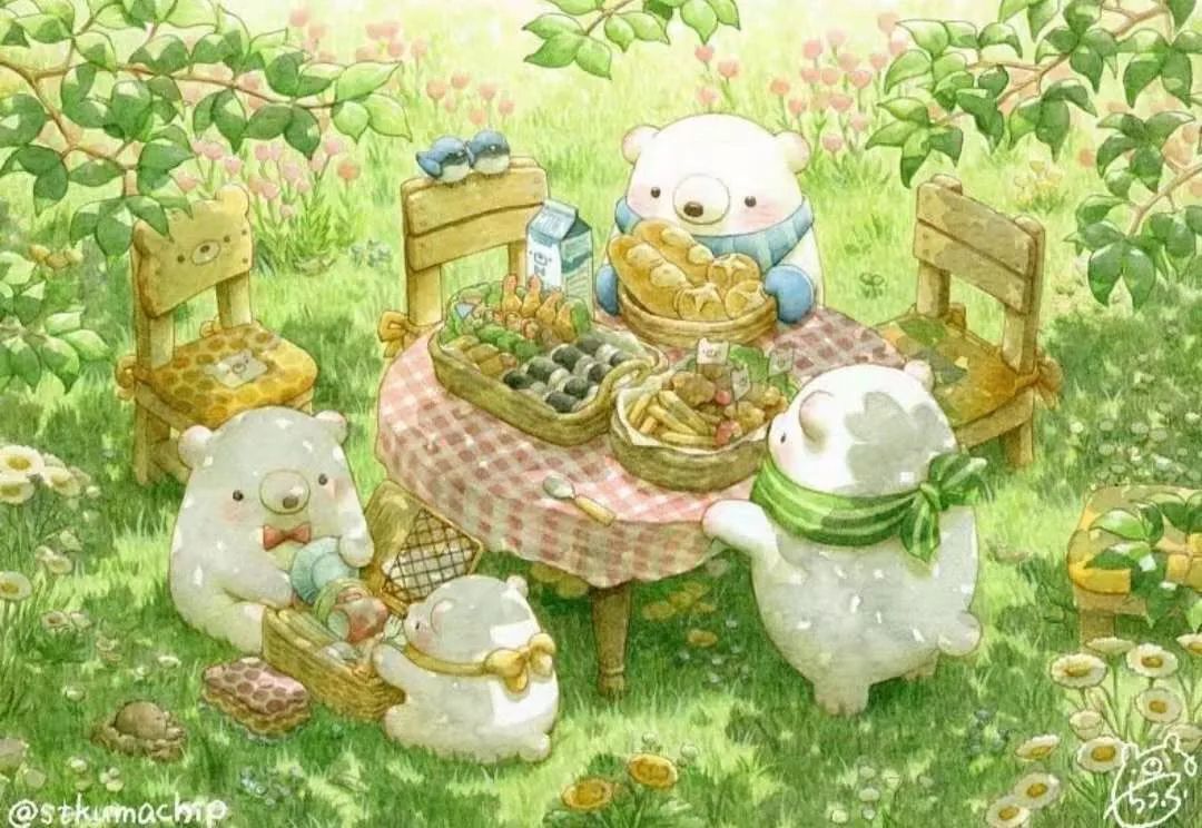 日本插画师stkumachip为糯米团一样的小白熊描绘了一个舒适安逸的世界